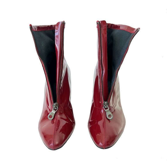 NEW Zara Red Wine Faux Patent Leather Round High Heel Ankle Boots Booties - Picture 9 of 12